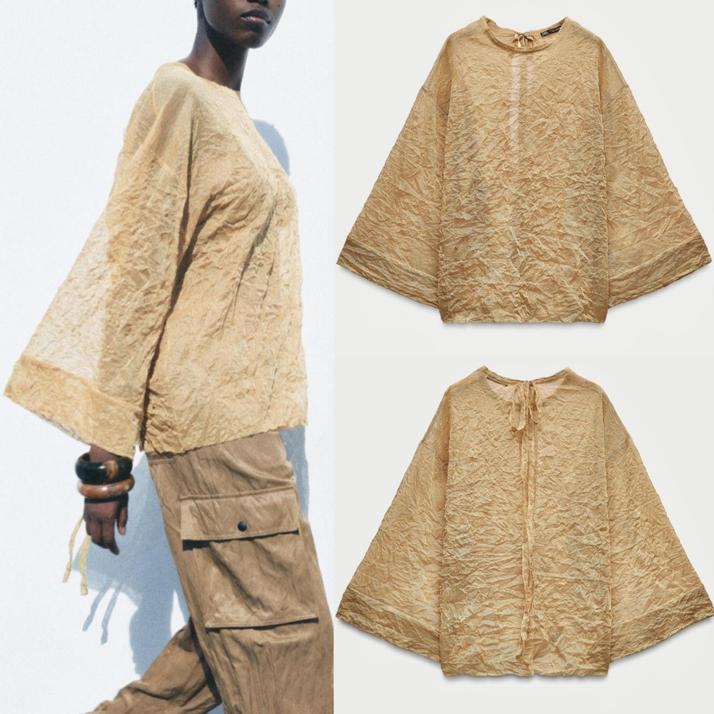 Zara NWT metallic gold oversized kimono wide sleeve semi sheer flowy top